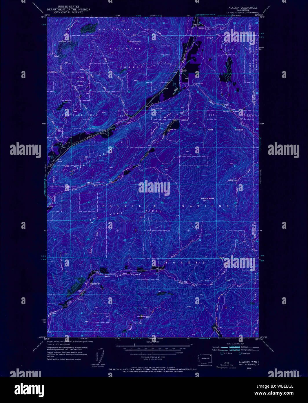 USGS Topo Map Washington State WA Aladdin 239770 1952 24000 Inverted Restoration Stock Photo