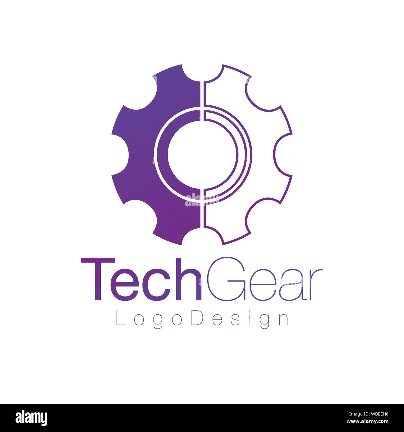 half flat and linear gear logo design, repair concept, brocken wheel. vector illustration isolated on white background. Stock Vector