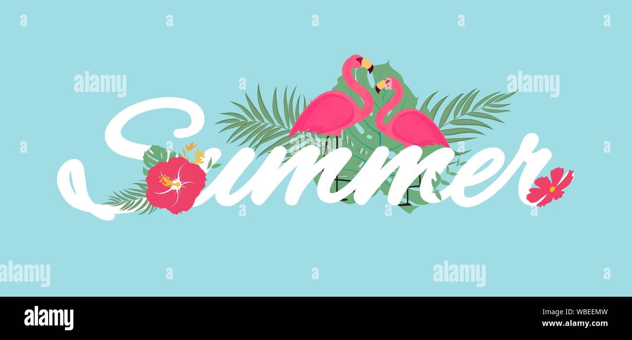 Abstract Tropical Summer Background with Flamingo and Palm Leaves ...
