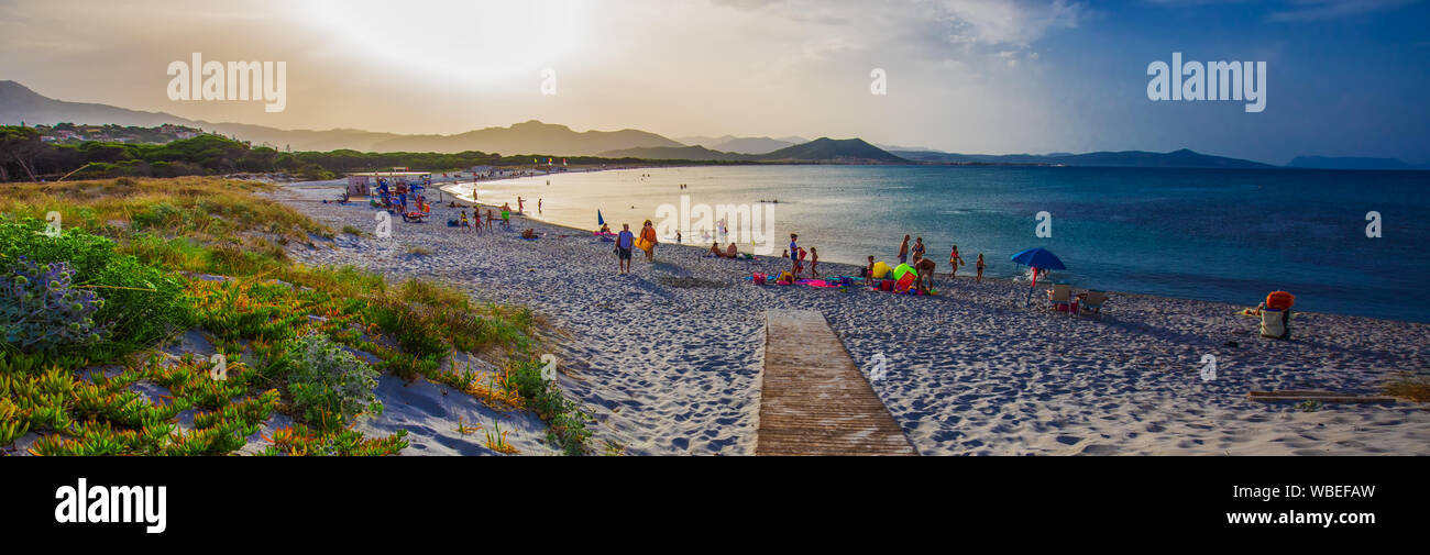 Graniro beach with Santa Lucia old town in the Italian region Sardinia on Tyrrhenian Sea, Sardinia, Italy, Europe. Stock Photo