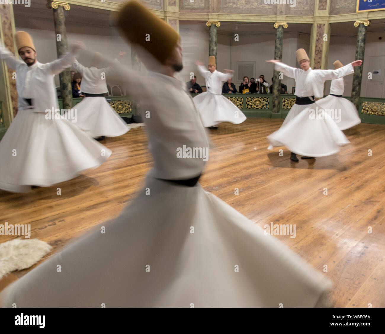 Blurred Whirling Dervishes practice their dance in Istanbul, Turkey on Apr 30, 2016 Stock Photo