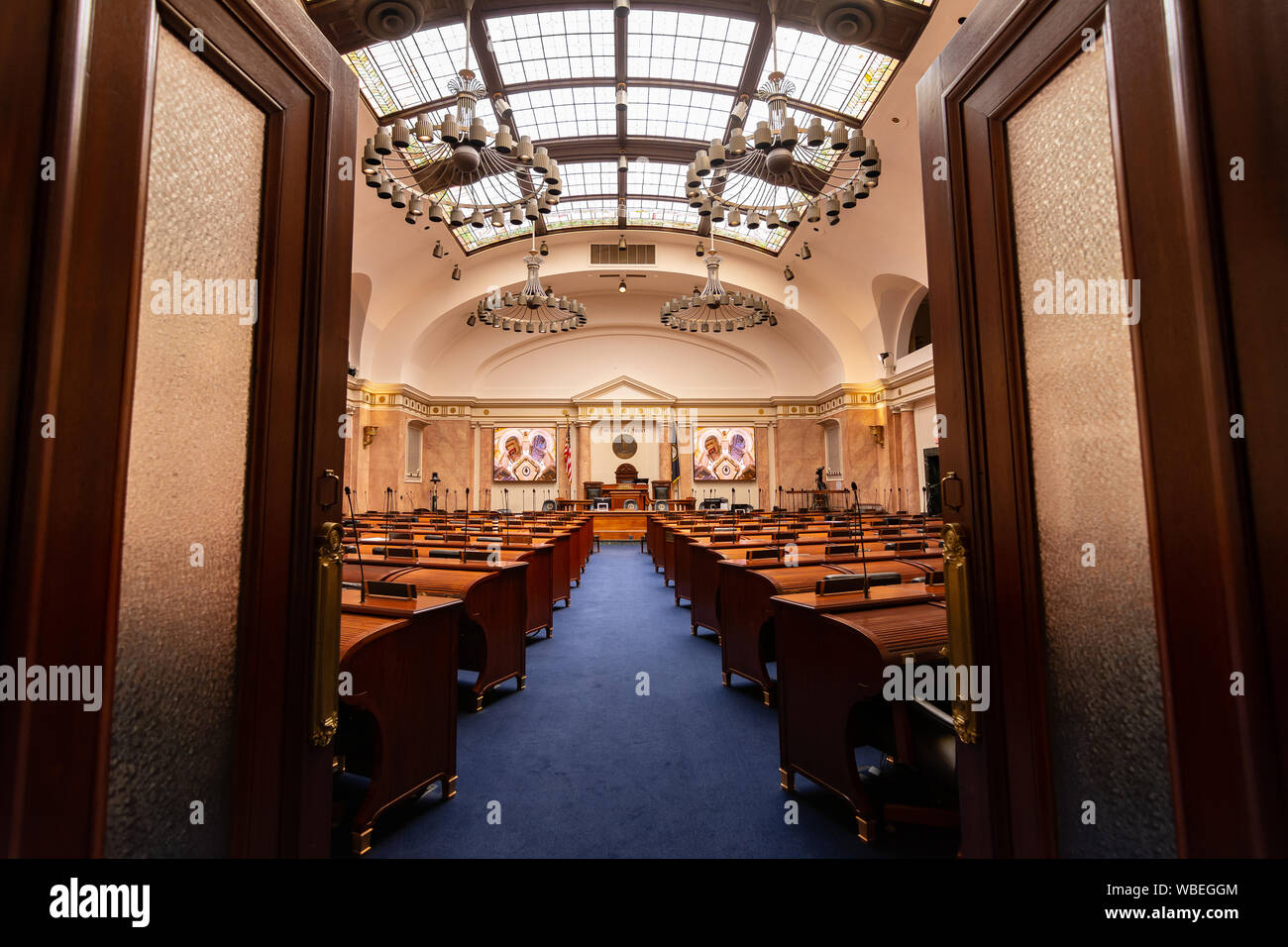 Frankfort, Kentucky/ USA - August 8th, 2019.  Interior of the House of Representatives Chambers in the Kentucky State Capitol Building. Stock Photo