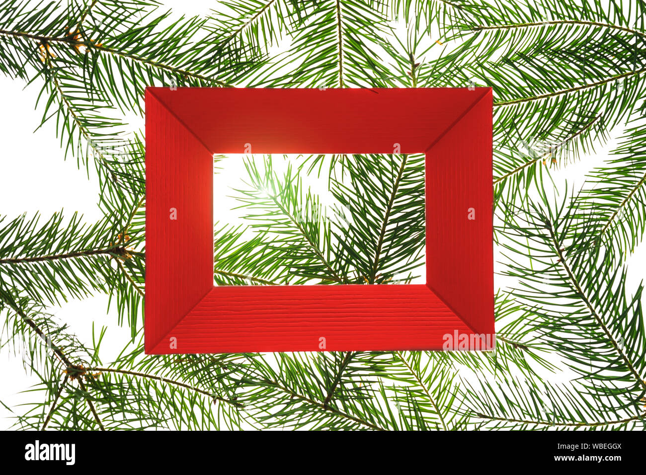 Creative Christmas composition made of green fir tree branches and red ...