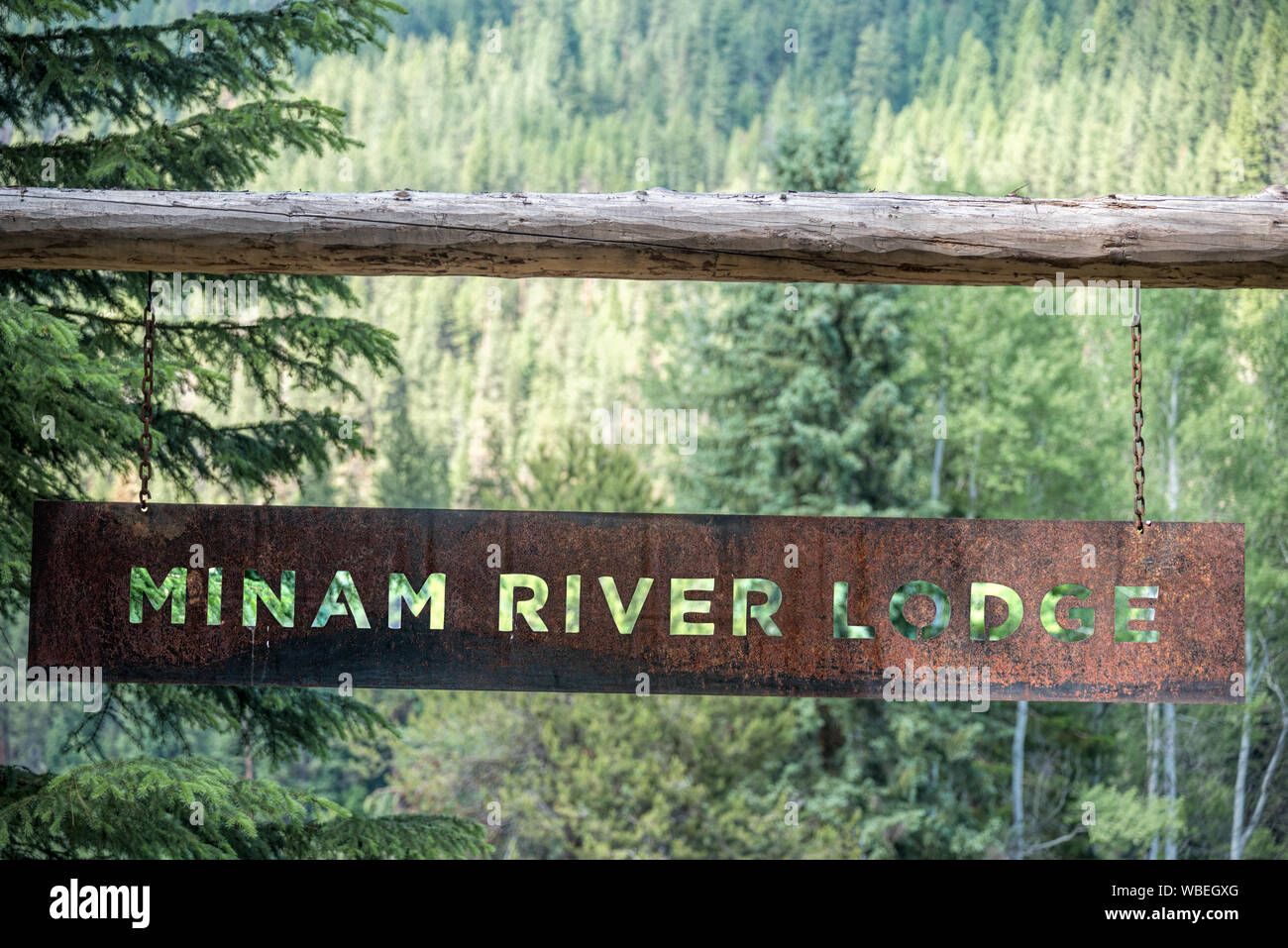 Entrance sign, Minam River Lodge, Oregon Stock Photo Alamy