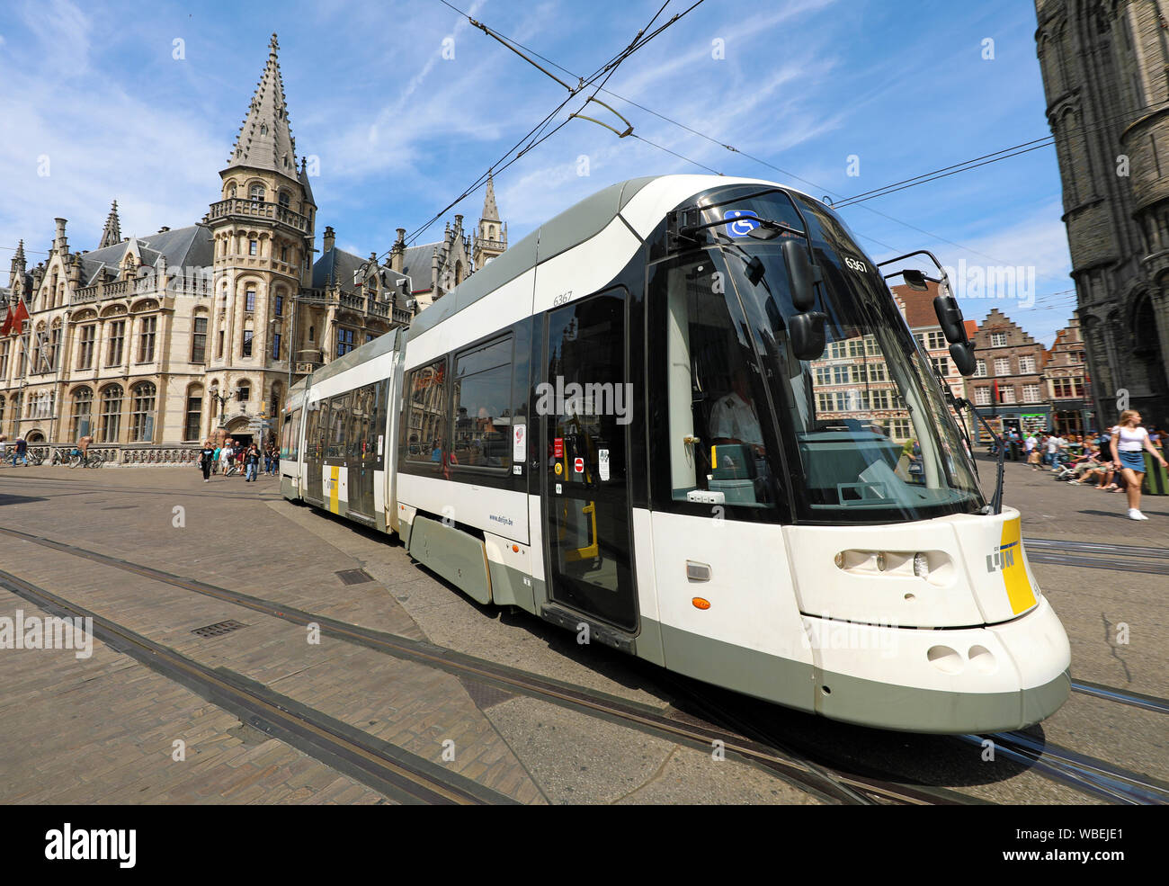 Tram in the Gent Korenmarkt or Wheat Market, Ghent, Belgium Stock Photo