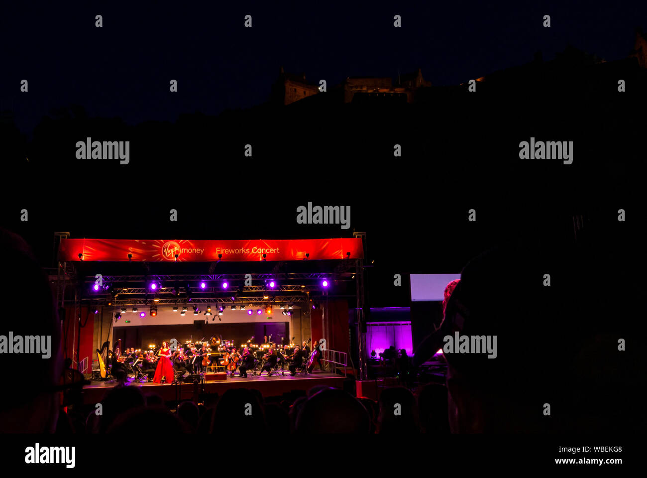 Edinburgh, Scotland, UK, 26 August 2019. Edinburgh International Book Festival. The 2019 EIF draws to a close with its traditional finale, the Virgin Money sponsored fireworks concert by Scottish Chamber Orchestra in Ross Theatre in Princes Street Gardens, featuring mezzo-soprano Catriona Morison, conducted by Marta Gardolinska Stock Photo