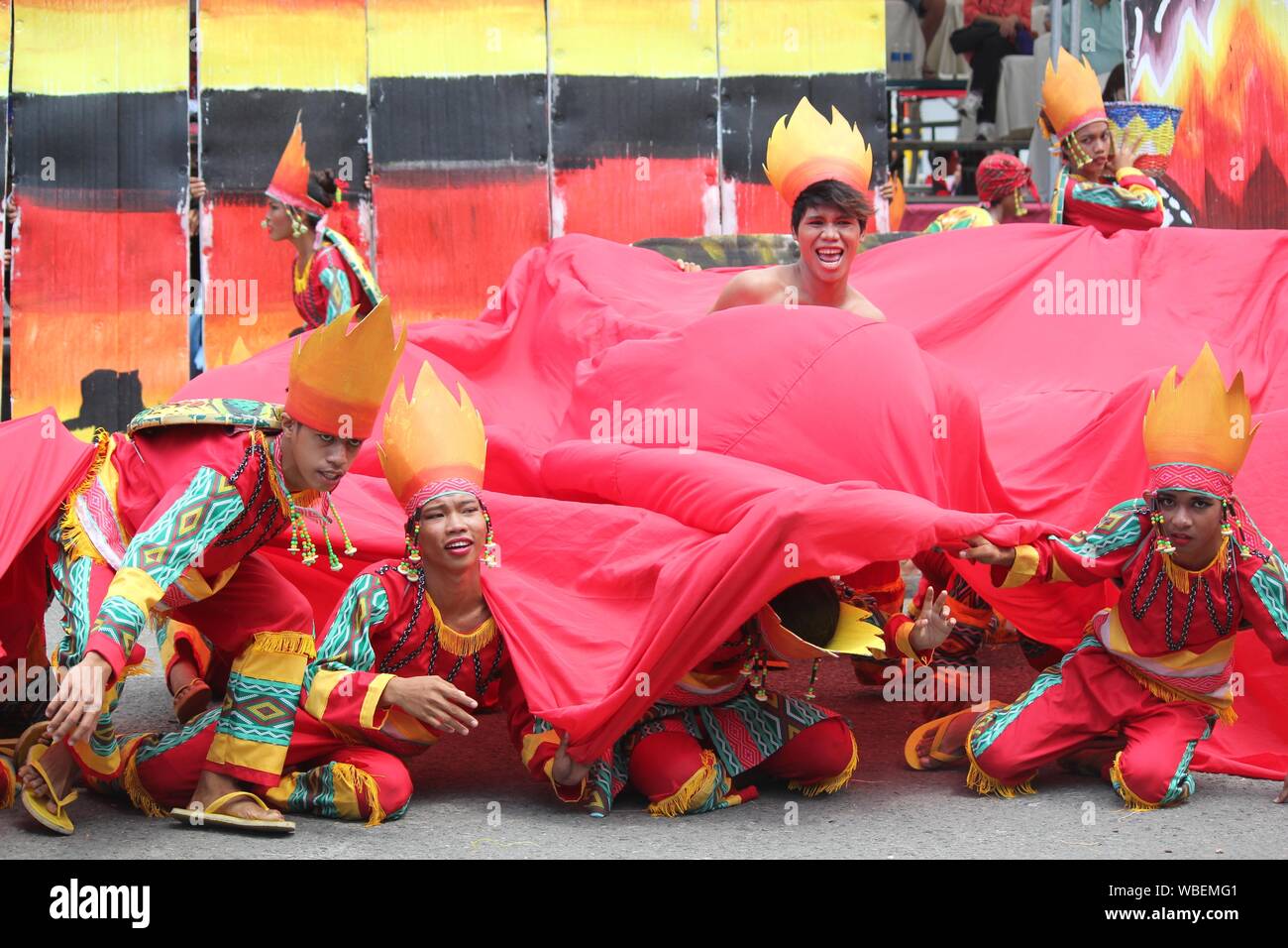 Davao City, PhilippinesAugust 2014 Street dancers in colorful props and costumes impress the