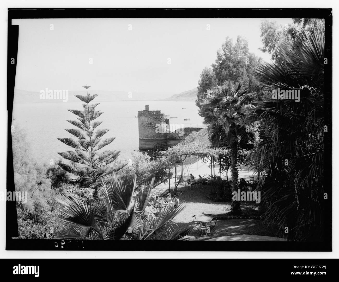 Galilee. Tiberias. The Lido Terrace showing ancient crusader tower Abstract/medium: G. Eric and Edith Matson Photograph Collection Stock Photo