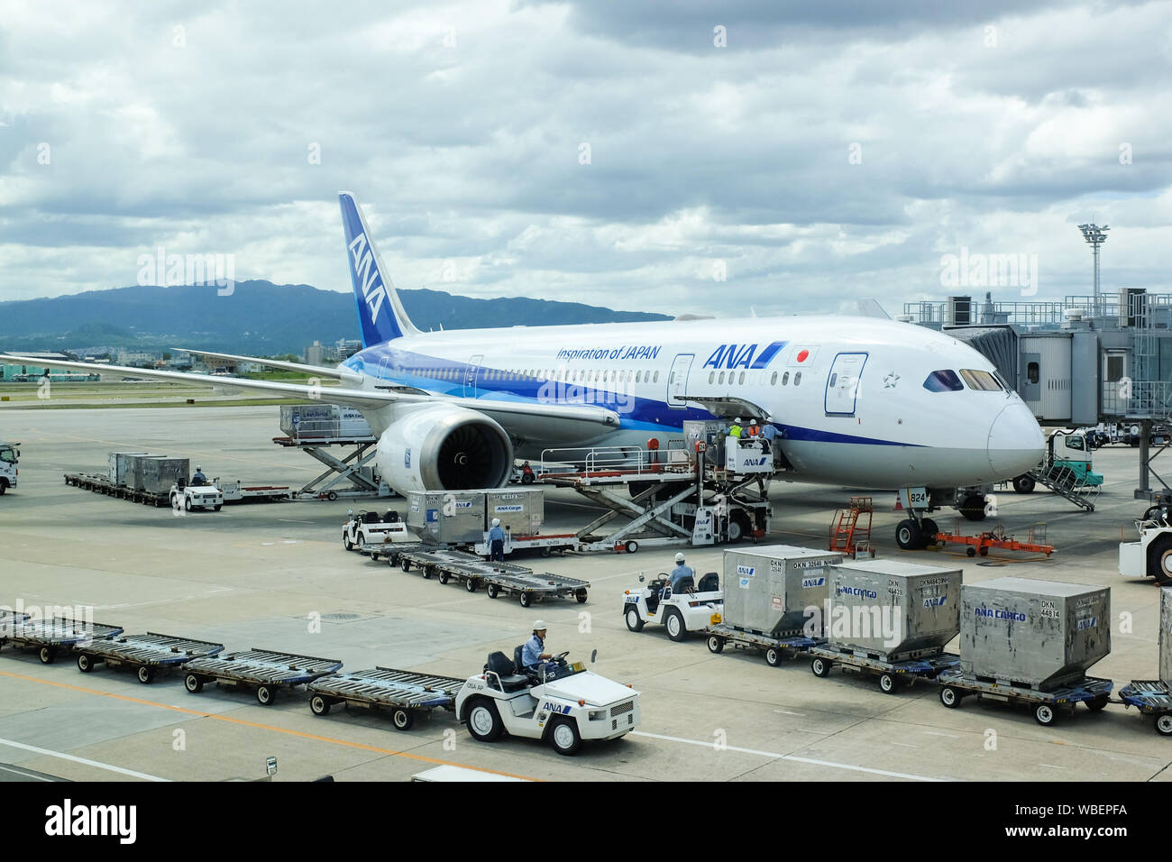 An All Nippon Airways (ANA) aircraft being loaded in preparation for a flight. Stock Photo