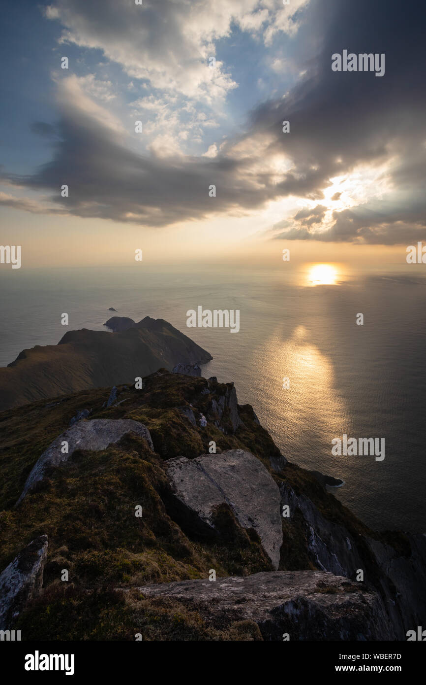 Inspirational Sunset over the Open Atlantic from the Cliffs of Croaghaun, Achill Island, County Mayo, Ireland Stock Photo
