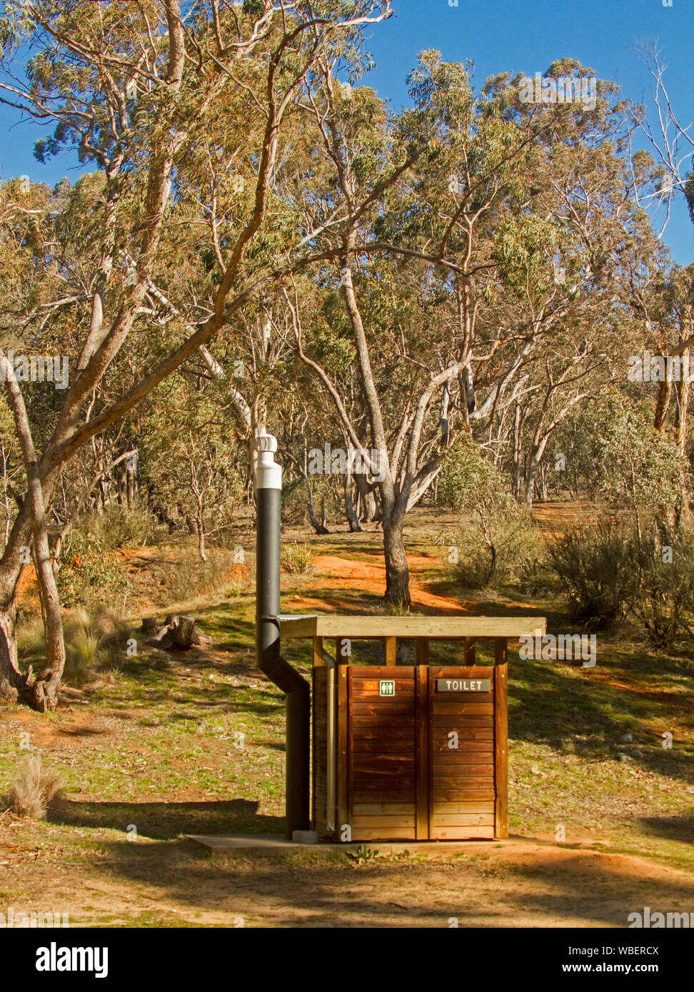 Timber building, bush toilet, dunny, pit loo, long drop toilet, among woodlands of large eucalyptus trees at rural picnic area in NSW Australia Stock Photo