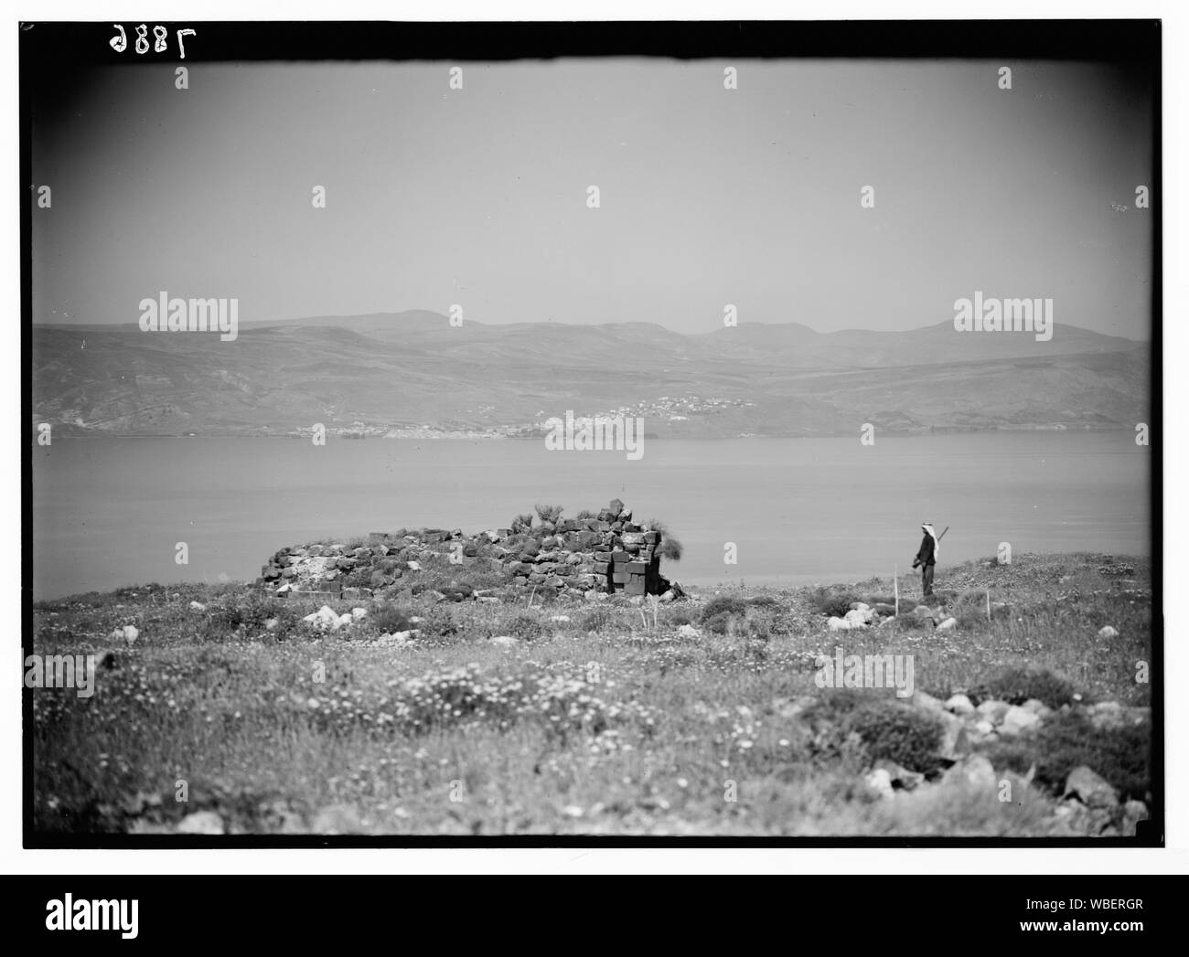 Gamala (Kal'at el-Huson, east of the Sea of Galilee). Gamala from the S.E. Sea of Galilee in background. View from the summit of the hill showing Tiberias across the lake & ruins of fortress in foreground Abstract/medium: G. Eric and Edith Matson Photograph Collection Stock Photo