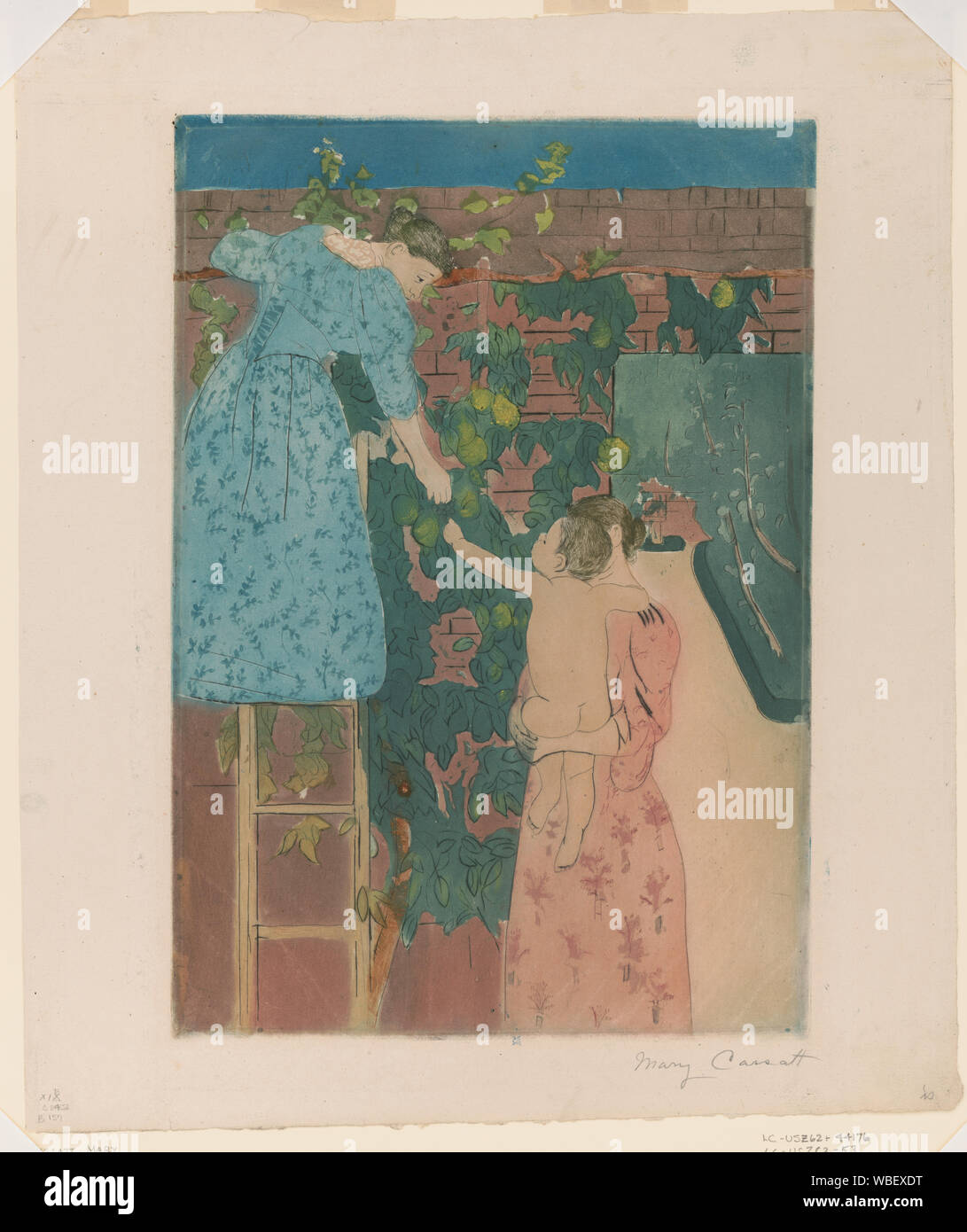 Gathering fruit / Mary Cassatt; MC [monogram]. Abstract/medium: 1 print: hand-colored drypoint and aquatint ; plate 42.9 x 29.7 cm, on sheet 51.8 x 43.5 cm. Stock Photo