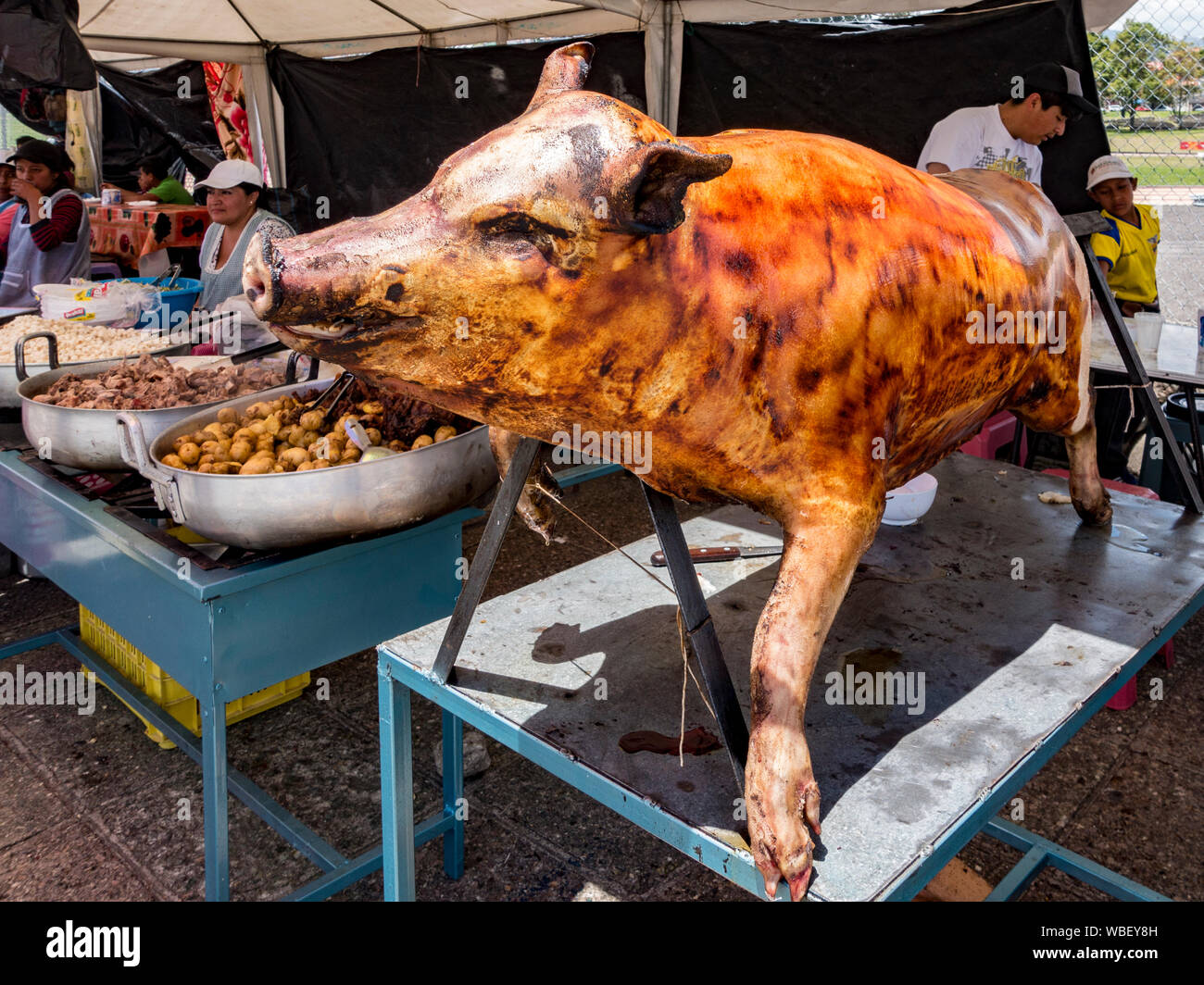 Cuenca, Ecuador - November 2, 2017 - Roast pig and other foods are on display for lunch at a festival in the park Stock Photo