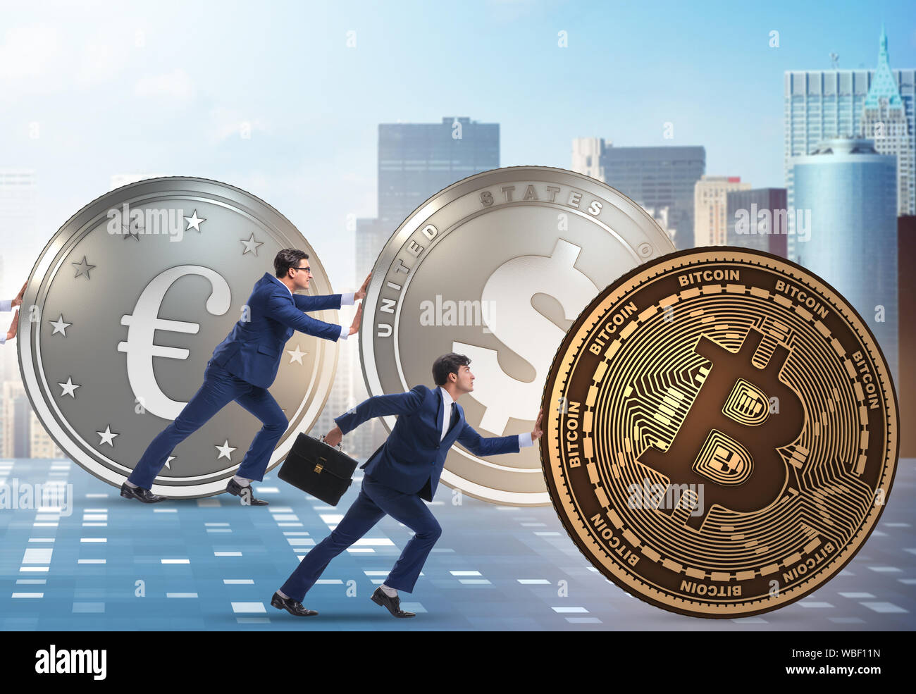 The businessman pushing bitcoin in cryptocurrency concept Stock Photo ...