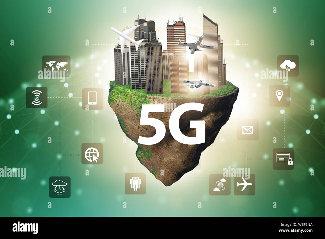 The concept of 5g technology with floating island Stock Photo