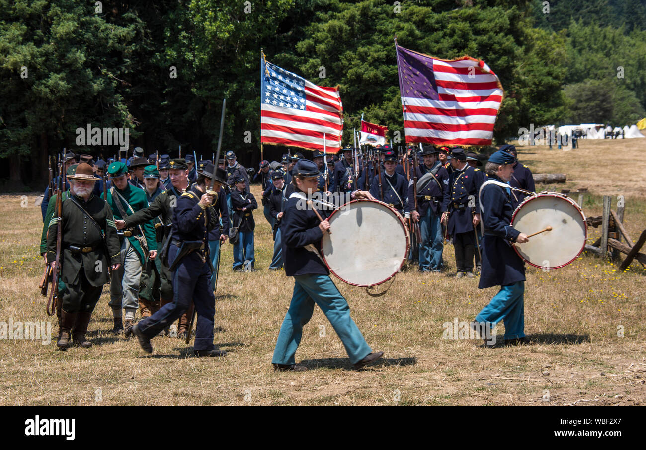 Duncan Mills, Calif - July 14, 2012: Men march in Union Army Uniforms during Civil War Reenactment Stock Photo