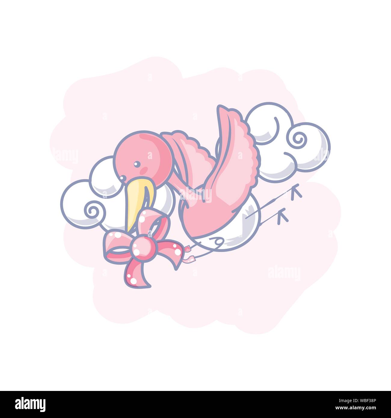cute stork flying with bow ribbon and clouds vector illustration design ...