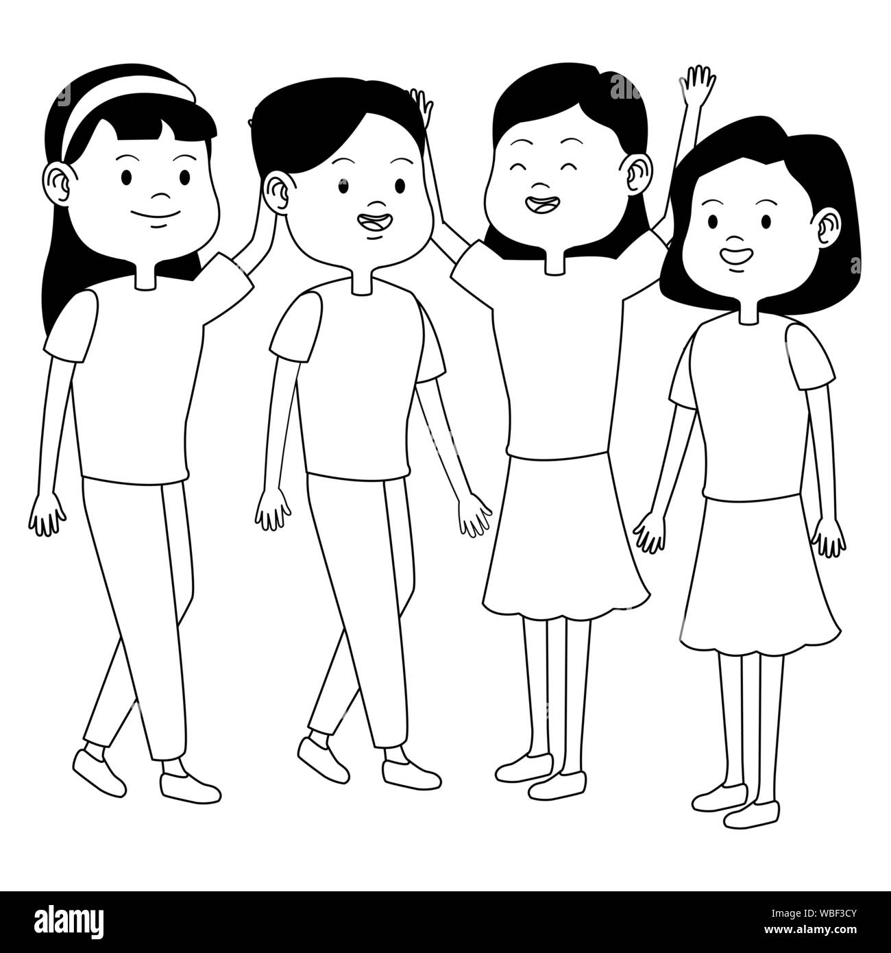 Teenagers friends smiling and greeting cartoons in black and white Stock Vector
