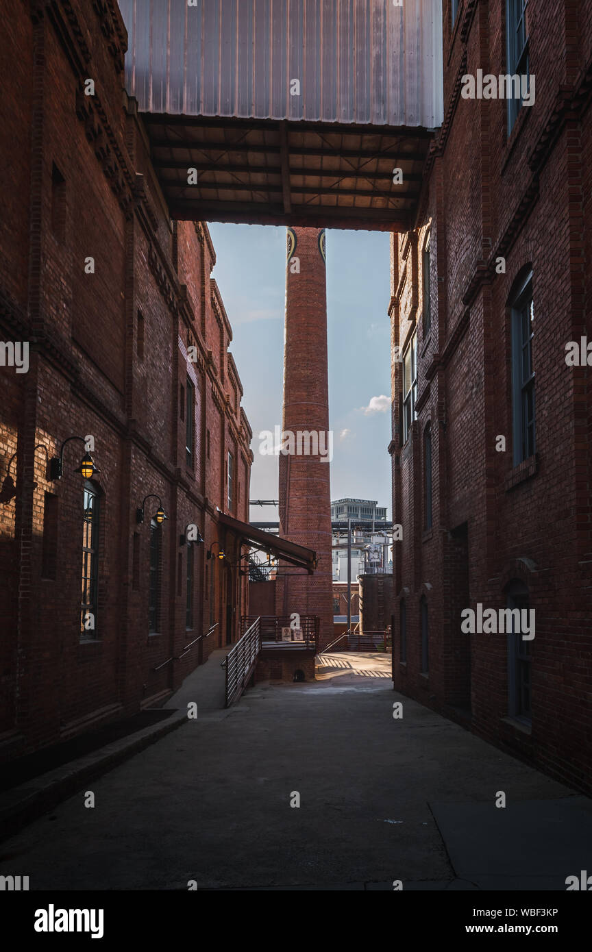 Durham / NC/ USA - August 11, 2019: The American Tobacco Campus, a former set of industrial buildings from cigarettes companies is now a entertainment Stock Photo