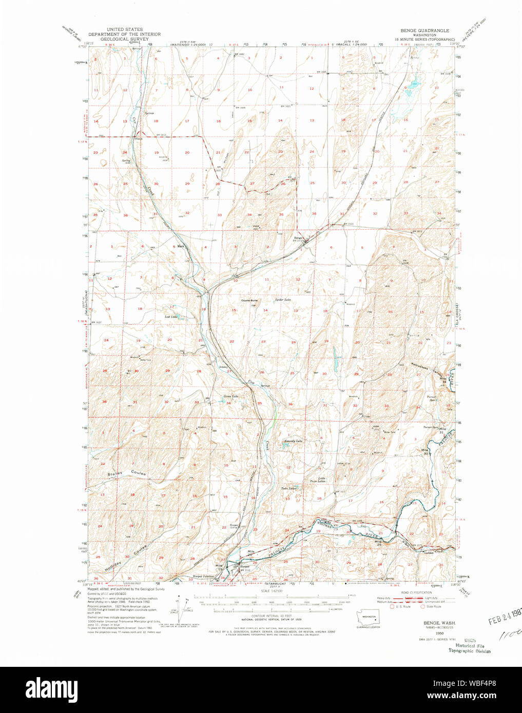 USGS Topo Map Washington State WA Benge 240013 1950 62500 Restoration Stock Photo