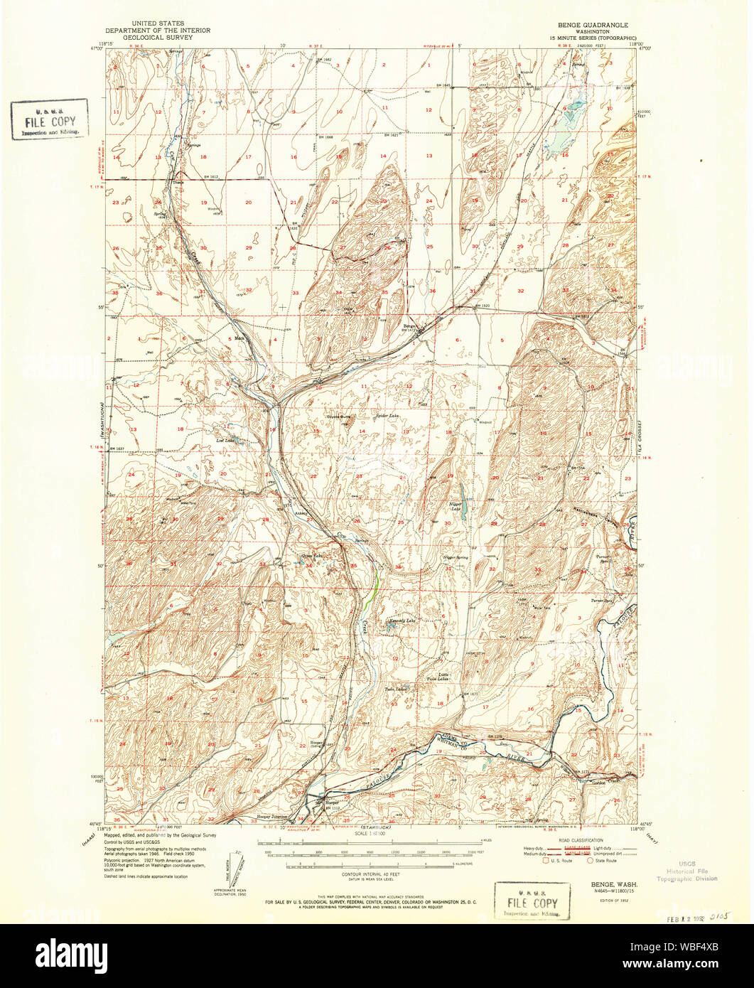 USGS Topo Map Washington State WA Benge 240015 1952 62500 Restoration Stock Photo