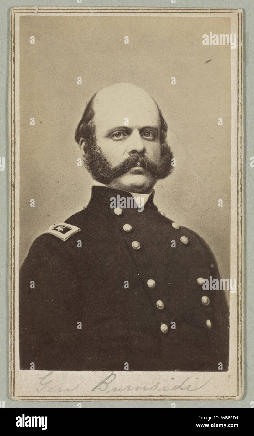 General Ambrose E. Burnside, head-and-shoulders portrait, facing slightly right, wearing military uniform Abstract/medium: 1 photographic print on carte de visite mount : albumen ; 4 x 2 1/2 in. (photo), 9 1/2 x 11 1/2 in. (mount) Stock Photo