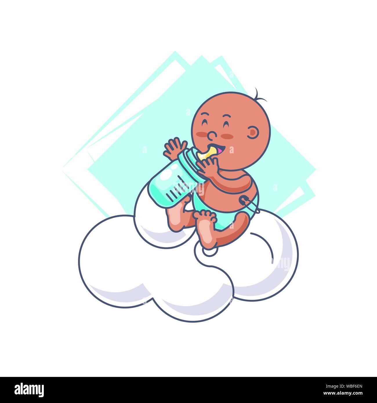 cute baby boy with bottle milk and cloud vector illustration design ...