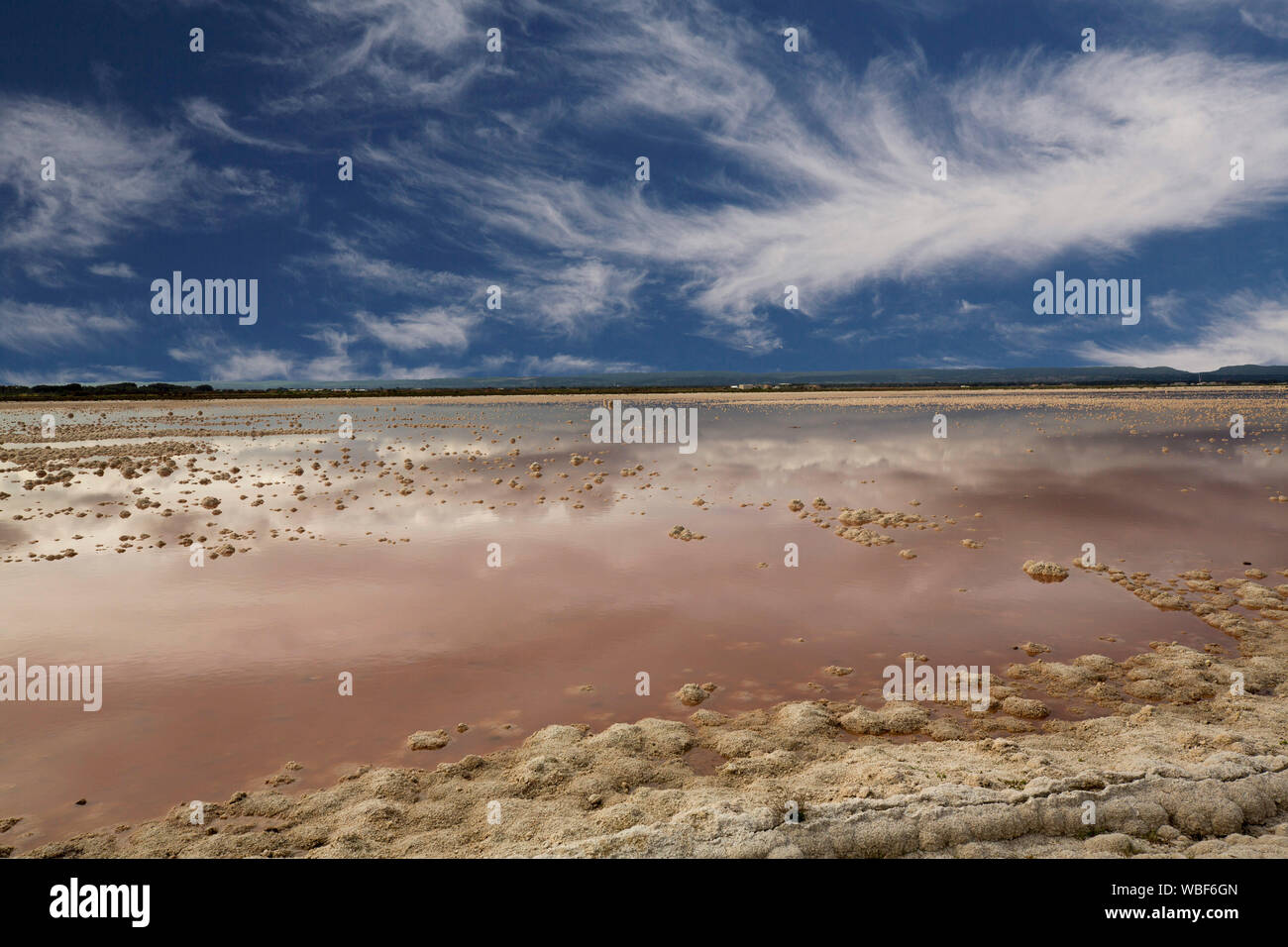 Vast salt lagoon with pink water and clumps of white salt under blue sky streaked with clouds at Saint Kilda, South Australia Stock Photo