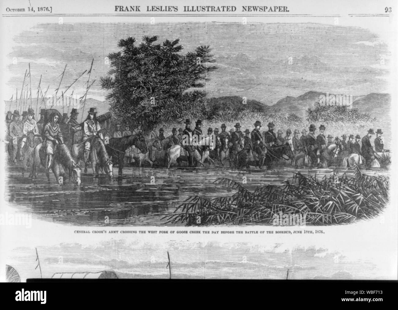 General Crook's Army crossing the west fork of Goose Creek the day before the Battle of the Rosebud, June 18th, 1876 Abstract/medium: 1 print : wood engraving. Stock Photo