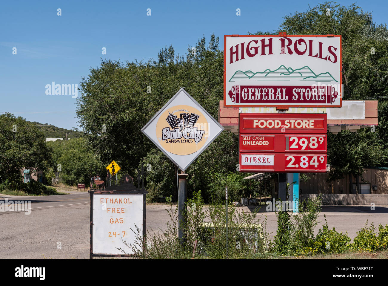 High Rolls General Store sign on Highway 82,  Otero County, New Mexico, USA. Stock Photo