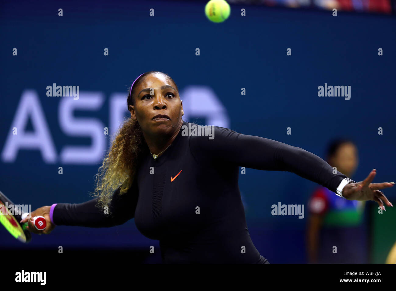 Flushing Meadows, New York, United States - August 26, 2019.   Serena Williams sets up a forehand return during her first round match against Maria Sharapova on the first day of play at the US Open in Flushing Meadows, New York.  Williams won the match in straight sets. Credit: Adam Stoltman/Alamy Live News Stock Photo