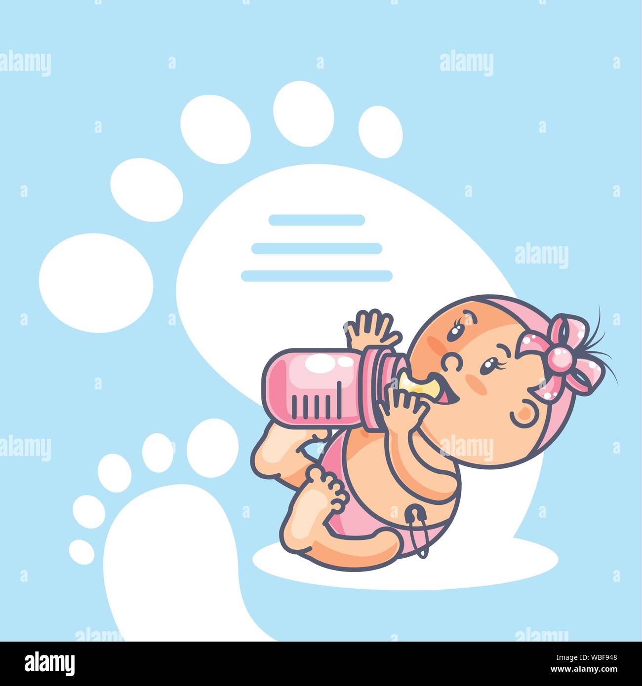 cute baby girl with bottle milk and footprints decoration vector ...