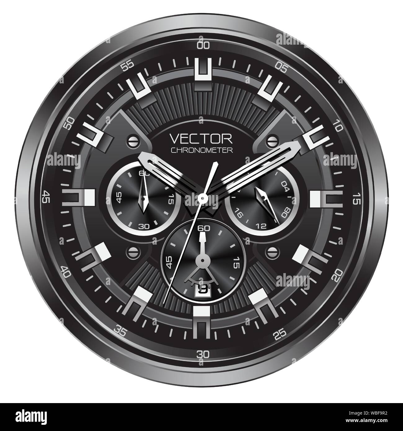 Realistic black silver clock watch face chronograph luxury on white