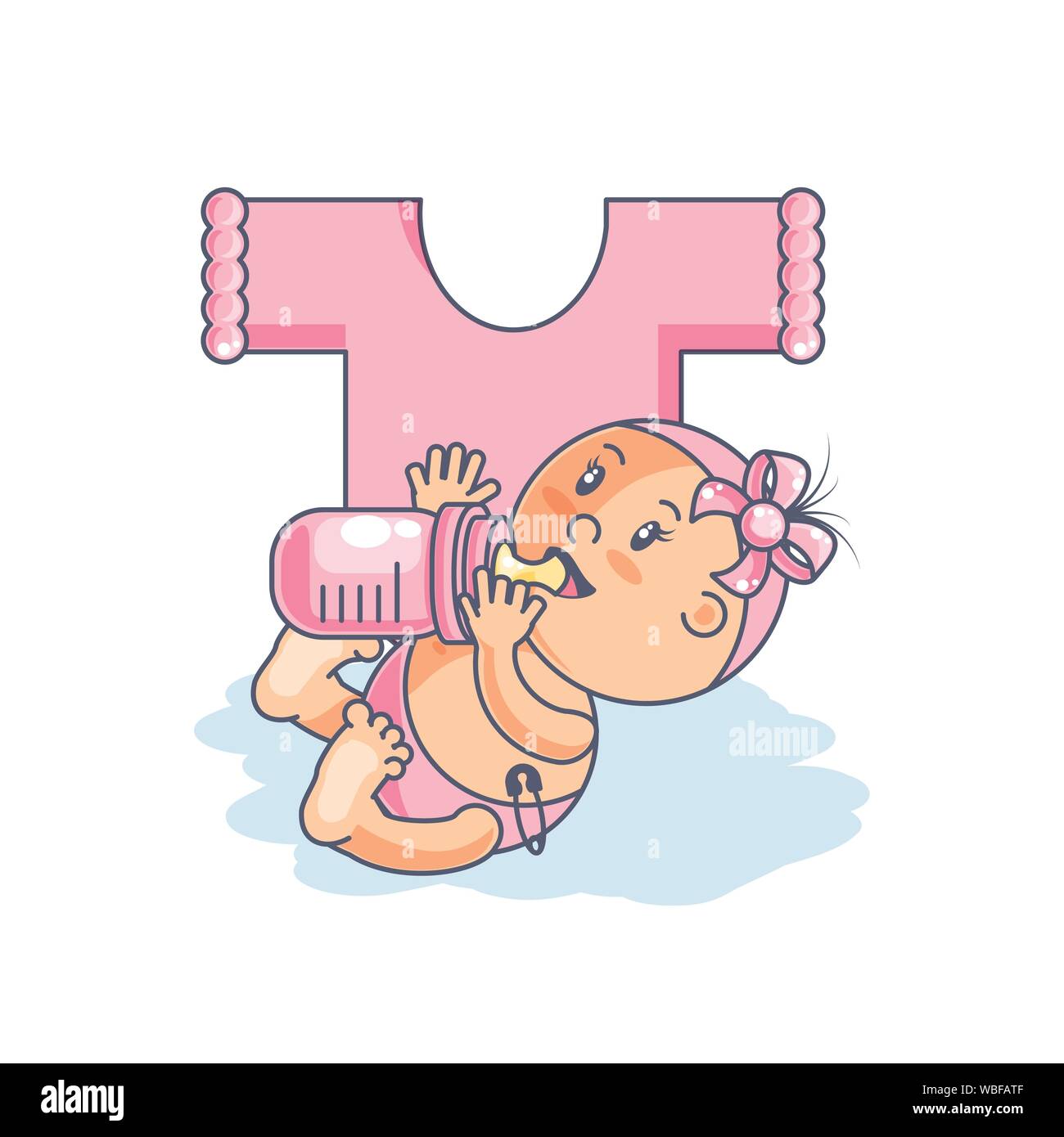 cute baby girl with bottle milk and clothes for baby vector ...
