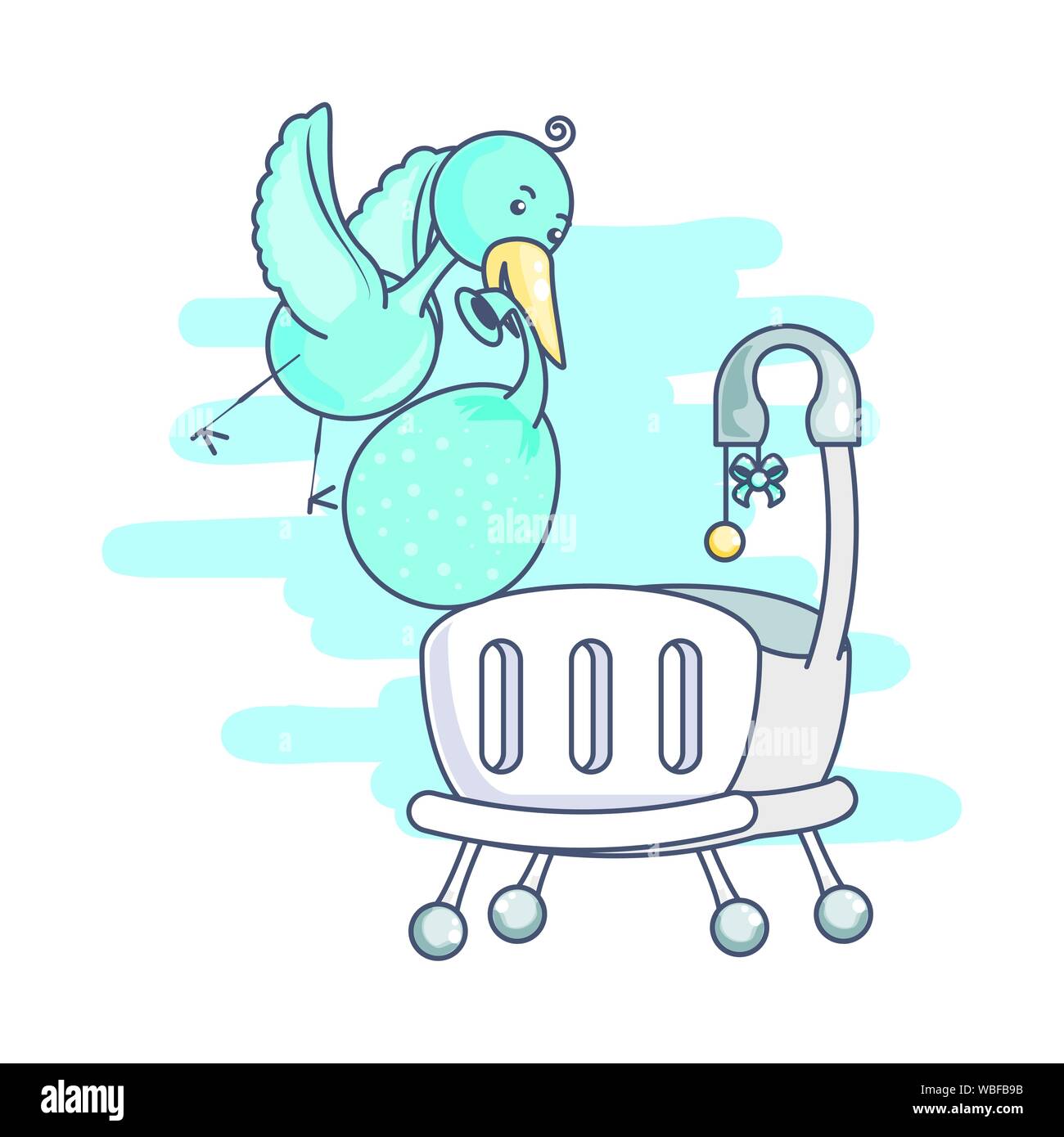 Cute Baby Crib With Stork Animal And Diaper Vector Illustration