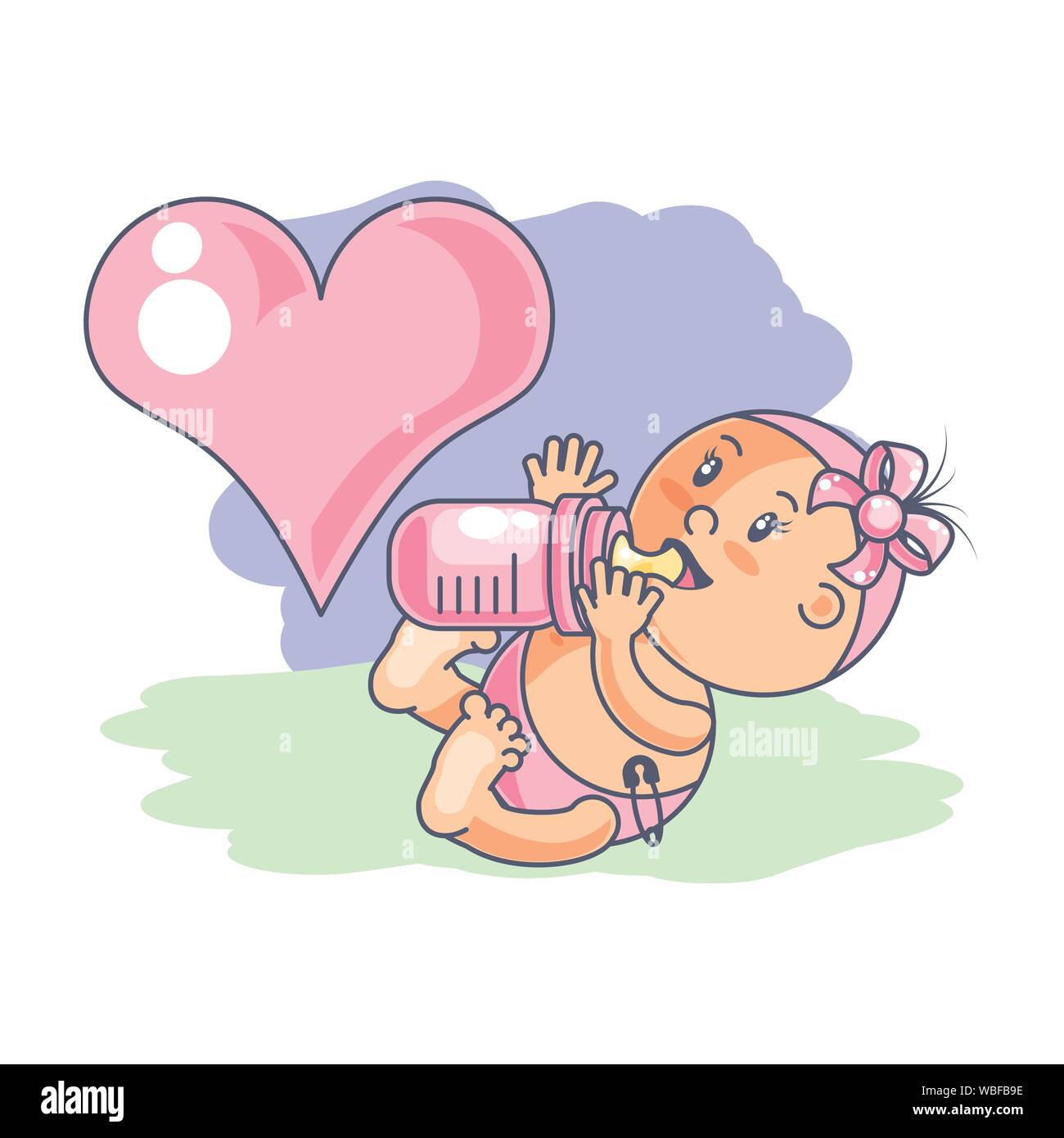 cute baby girl with bottle milk and heart love vector illustration ...