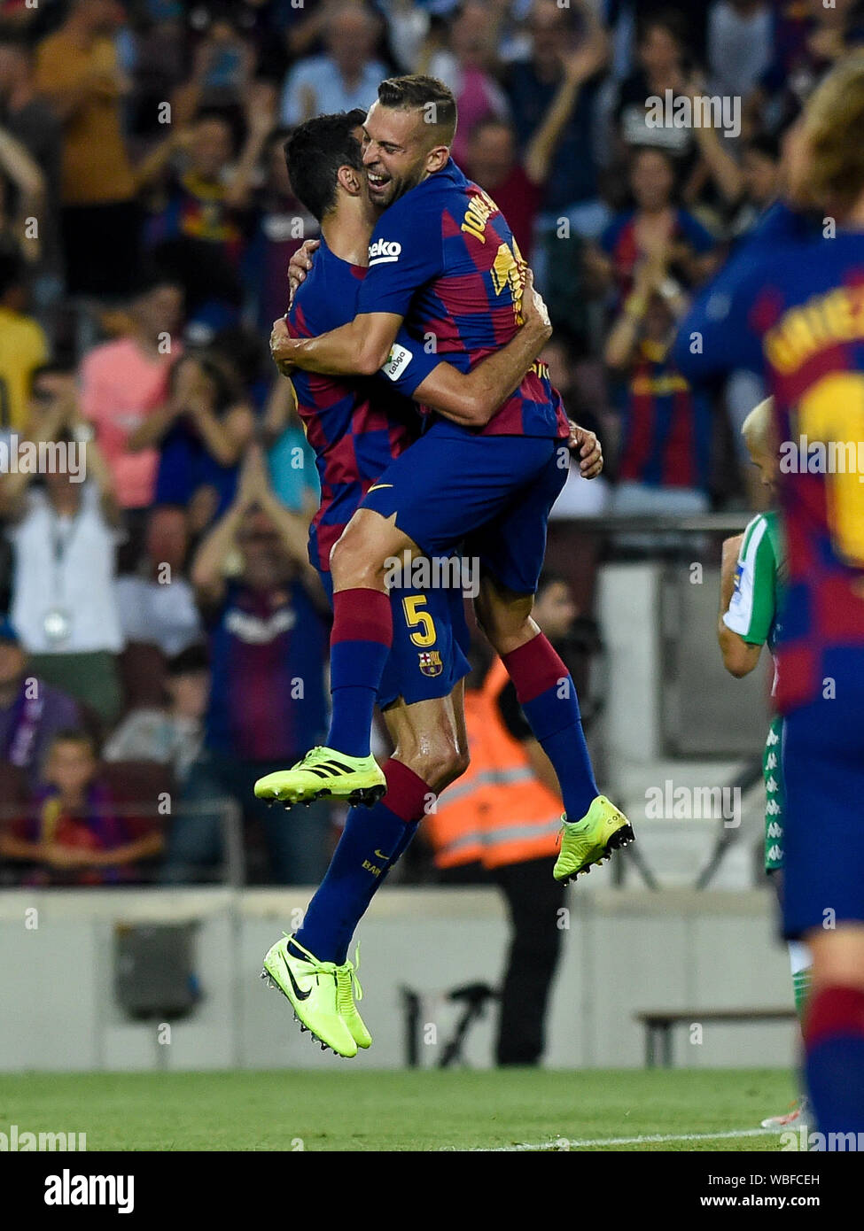 Barcelona, Spain. 26th Aug, 2019. BARCELONA, SPAIN - AUGUST 25: Sergio Busquets and Jordi Alba of FC Barcelona celebrate after score his team fourth goal during the La Liga match between FC Barcelona and Real Betis at Camp Nou on August 25 2019 in Barcelona, Spain. (Photo by David Ramirez/Pacific Press) Credit: Pacific Press Agency/Alamy Live News Stock Photo