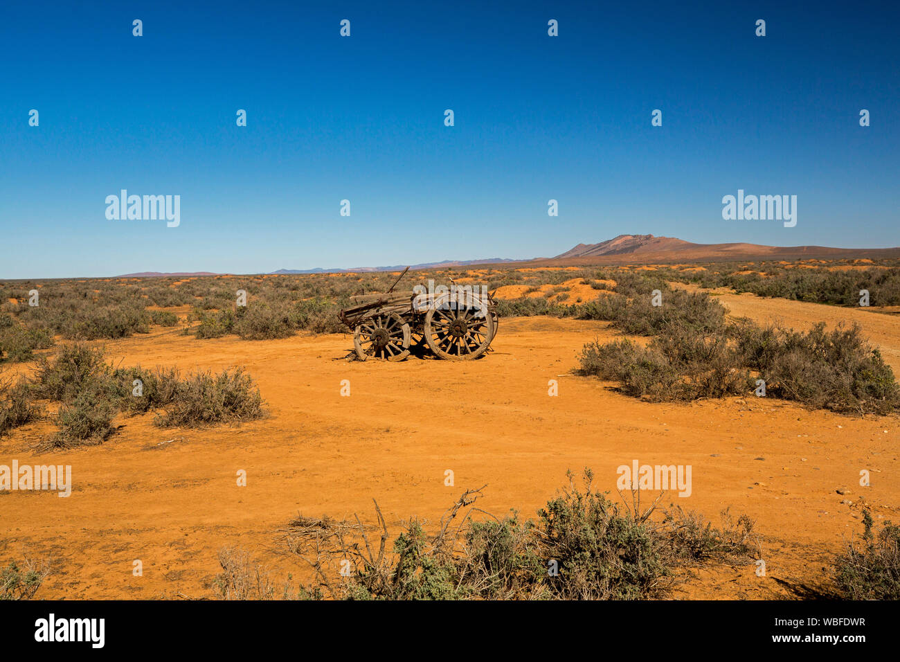 Old horse drawn farm wagon abandoned in remote and arid outback landscape with red soil and low vegetation on plains under blue sky in South Australia Stock Photo