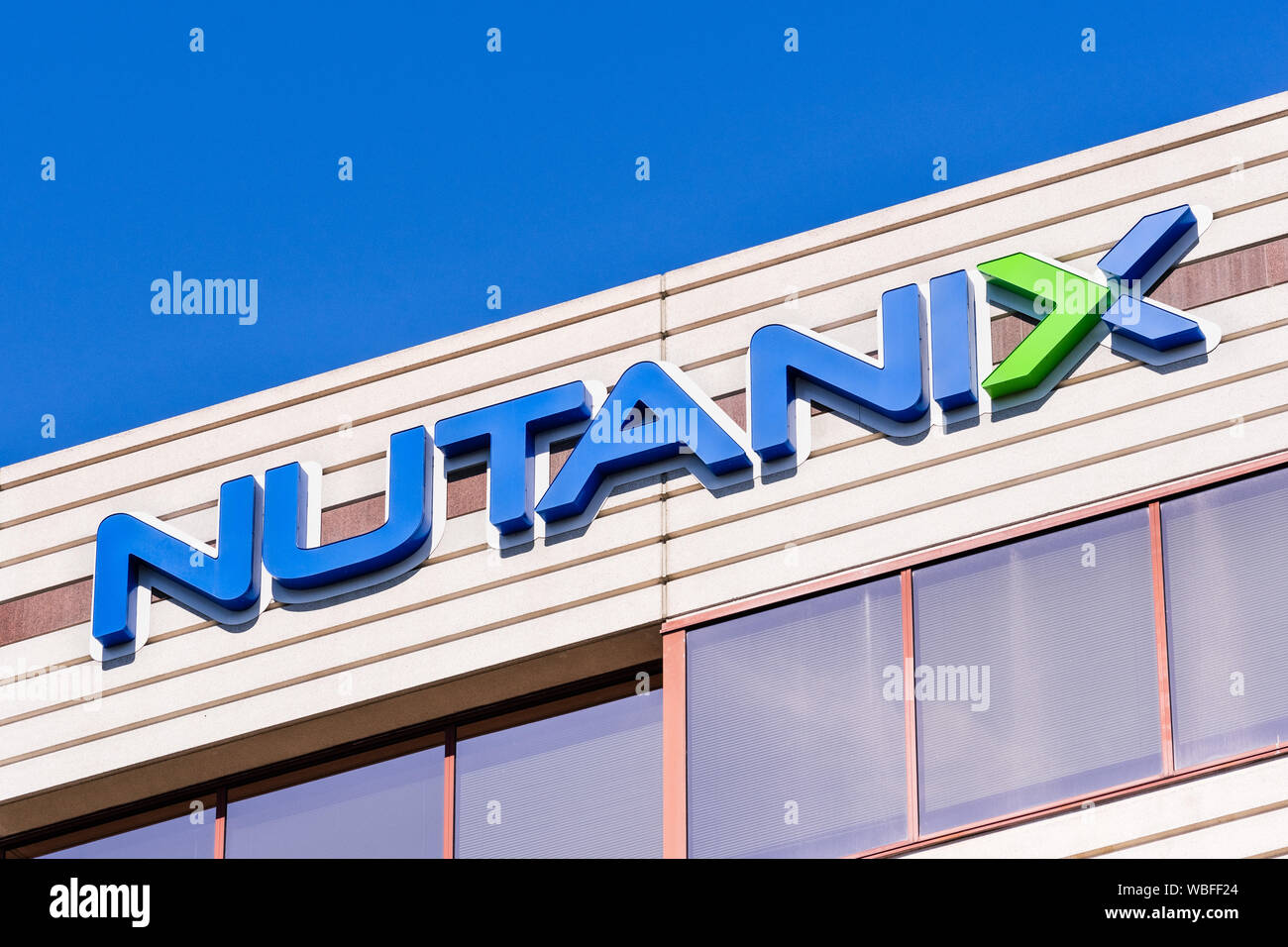 August 26, 2019 San Jose / CA / USA - Close up of Nutanix sign at their headquarters in Silicon Valley; Nutanix, Inc is a cloud computing software com Stock Photo