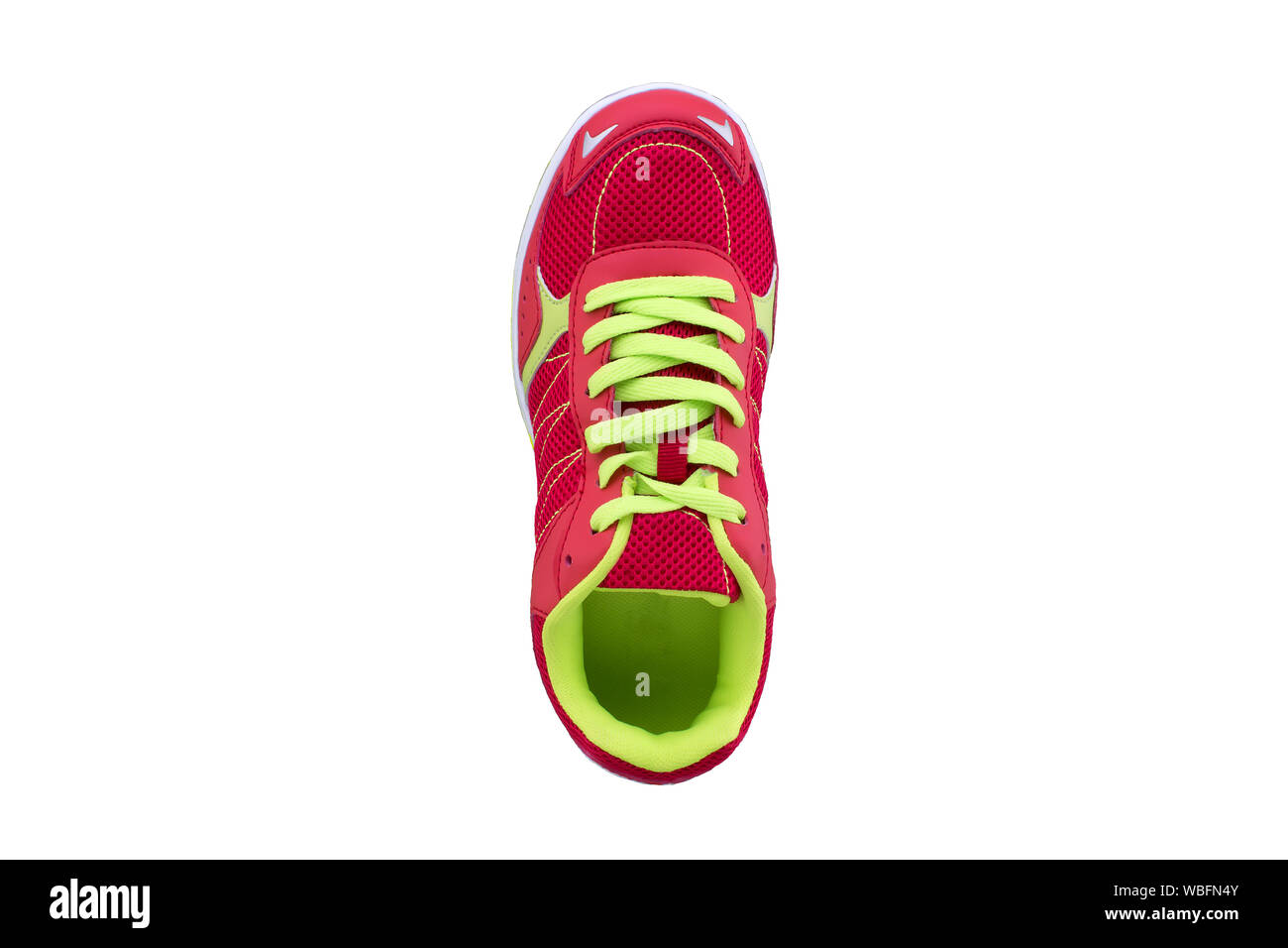 Red sneaker with green laces on a white sole. Sport shoes on white  background Stock Photo - Alamy