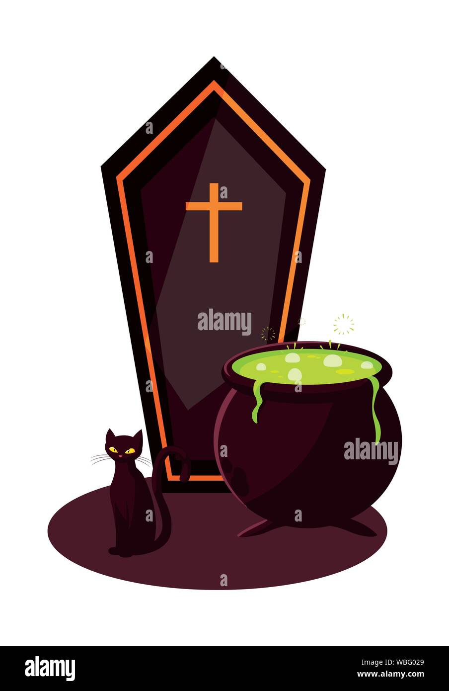 cauldron cauldron and cat happy halloween vector illustration Stock Vector