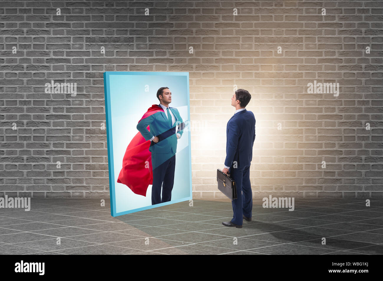 The businessman seeing himself in mirror as superhero Stock Photo - Alamy