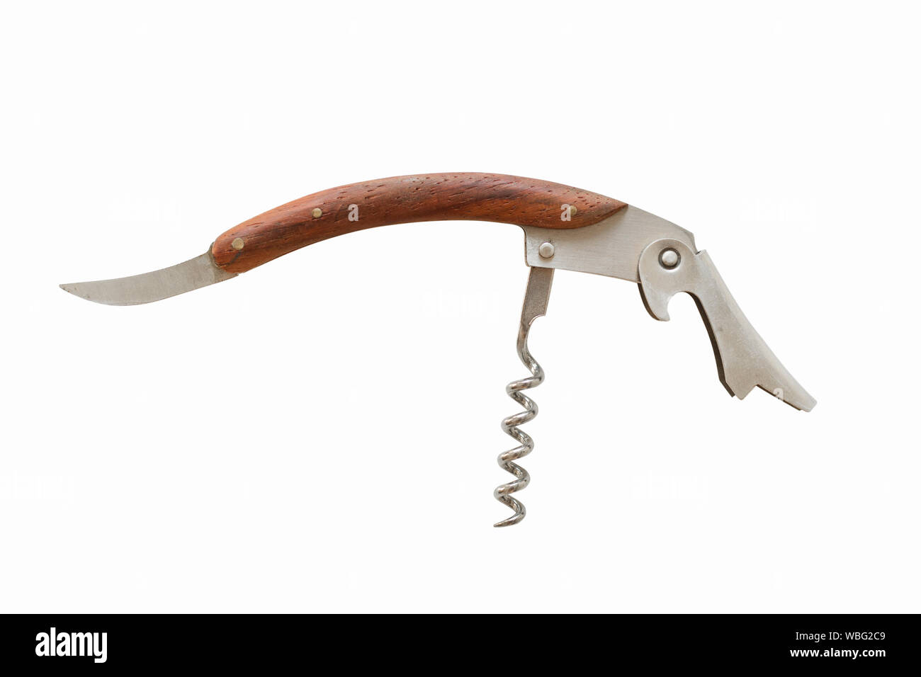 Multi tasking metal and wooden penknife isolated on white background Pocket many tasking compact penknife. Stock Photo