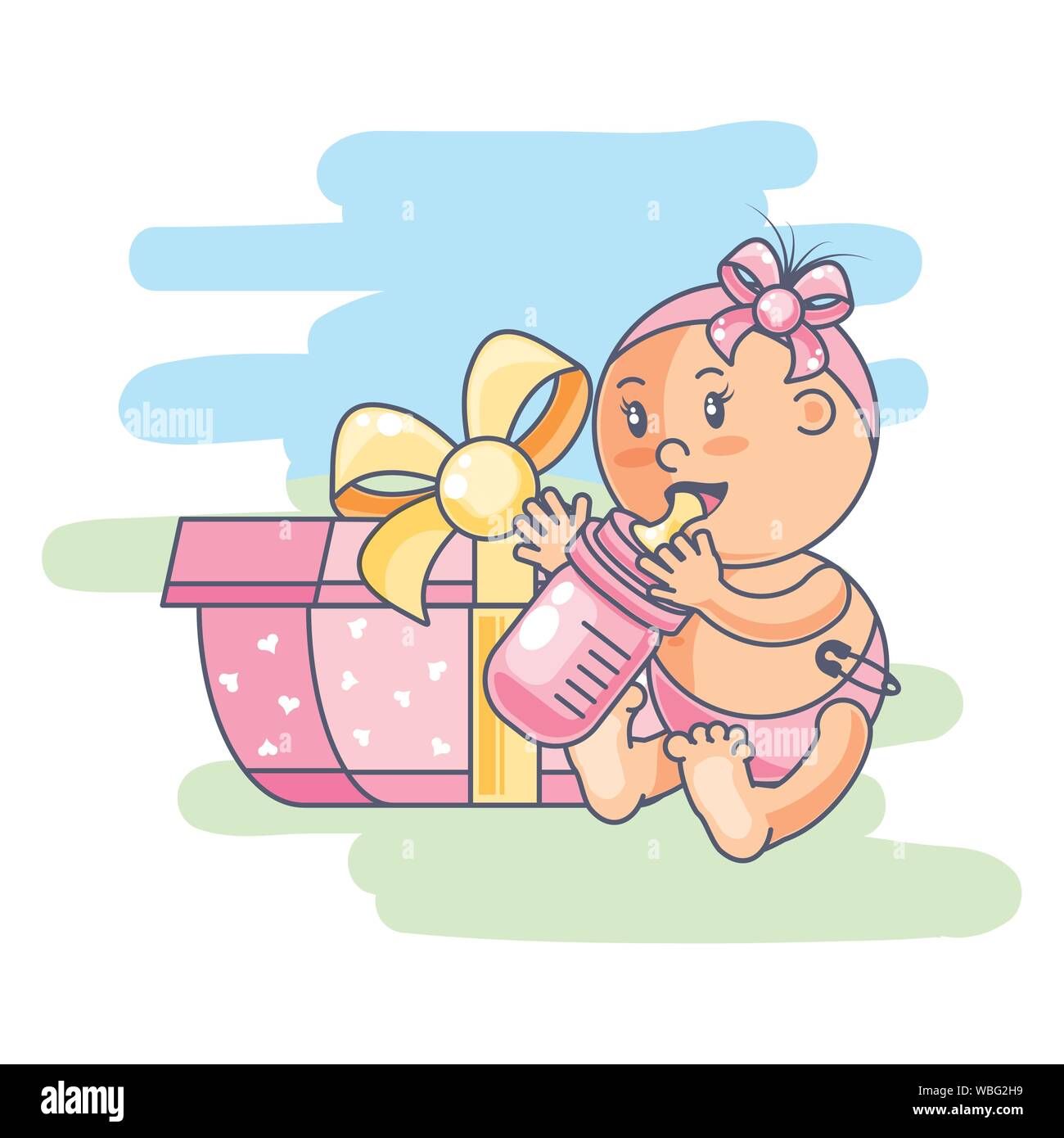 cute baby girl with bottle milk and gift box vector illustration design ...