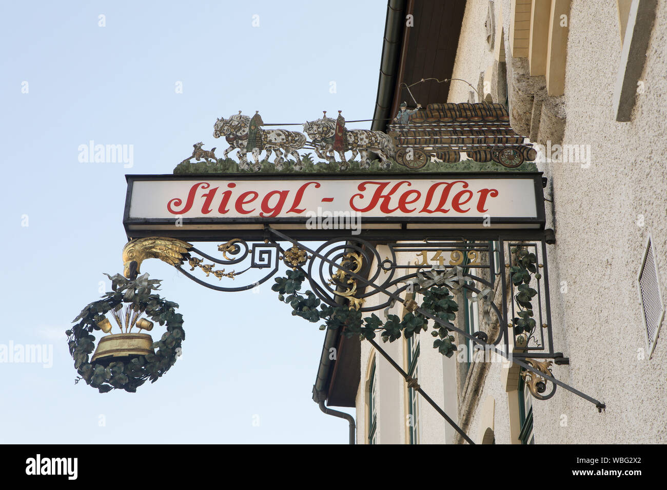 Salzburg, AustriaSeptember 24,2017 wrought iron sign of a well known