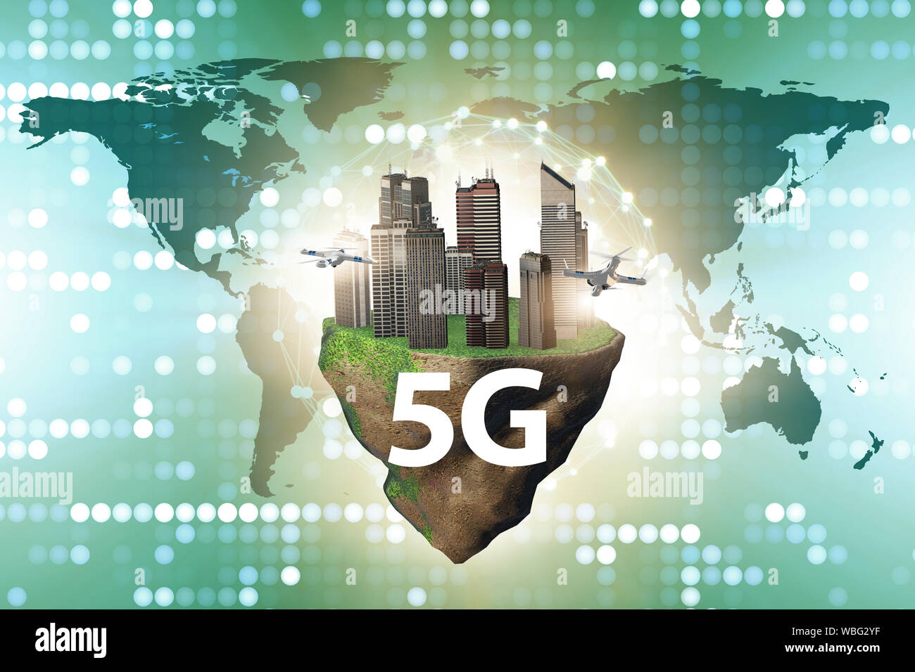 The concept of 5g technology with floating island Stock Photo