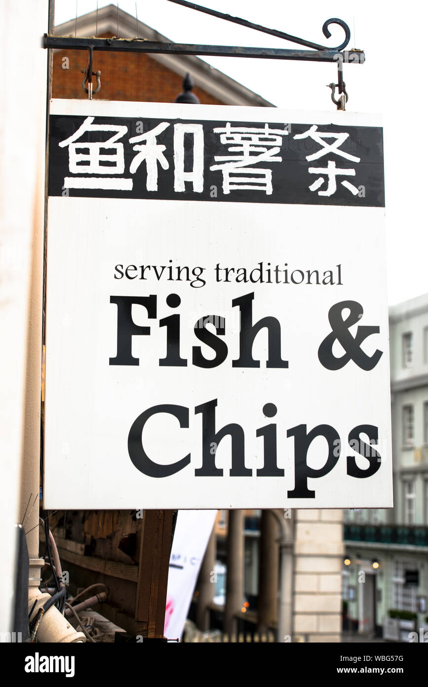 Fish and Chips restaurant sign, in English and Korean. Windsor, England