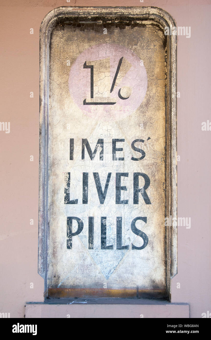 Historic pharmacy advertisement for patent medicines, South Melbourne, Victoria, Australia Stock Photo