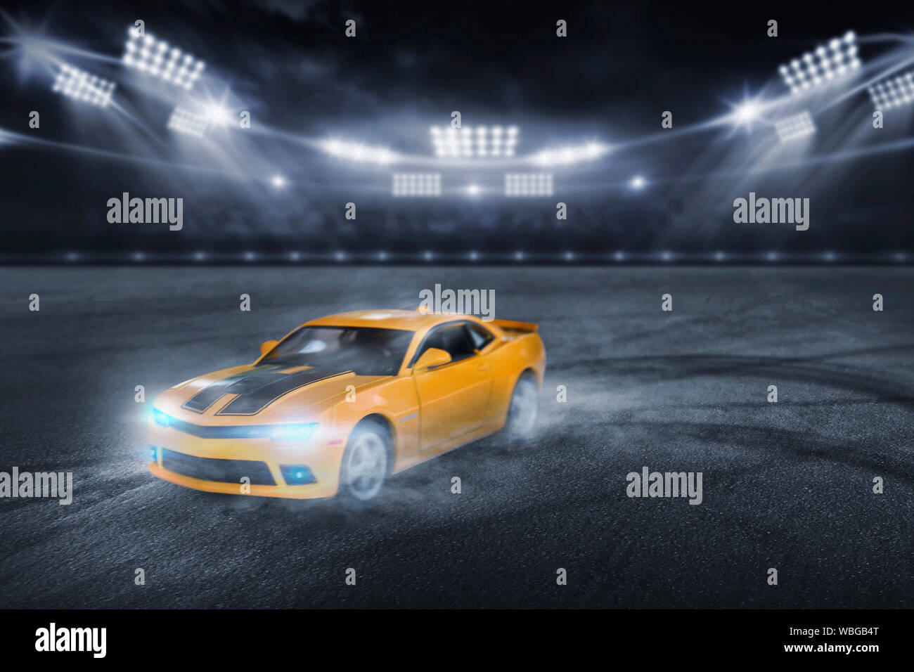 3D rendering the yellow sports racing car, Drift racer, Race car racing on speed track at night with motion blur. Stock Photo